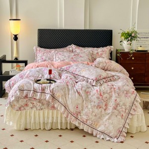 High Quality Pink Printing Ruffles Cotton Bed Skirt Bed Sheets Set with Pleats Skirt