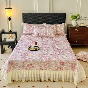 High Quality Pink Printing Ruffles Cotton Bed Skirt Bed Sheets Set with Pleats Skirt