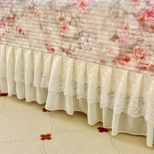 High Quality Pink Printing Ruffles Cotton Bed Skirt Bed Sheets Set with Pleats Skirt