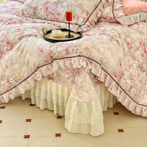 High Quality Pink Printing Ruffles Cotton Bed Skirt Bed Sheets Set with Pleats Skirt
