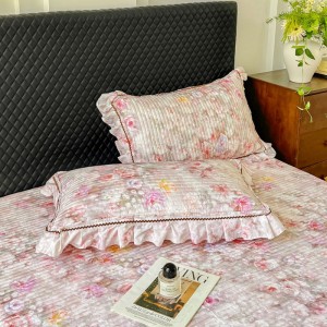 High Quality Pink Printing Ruffles Cotton Bed Skirt Bed Sheets Set with Pleats Skirt