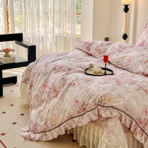 High Quality Pink Printing Ruffles Cotton Bed Skirt Bed Sheets Set with Pleats Skirt