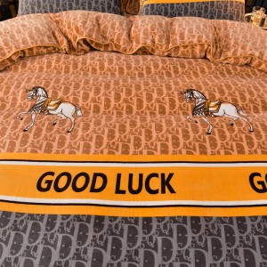Warm fleece 4-pieces home textile soft carving duvet cover ruffles pillow shams orange flat sheets queen size bedding set
