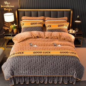Warm fleece 4-pieces home textile soft carving duvet cover ruffles pillow shams orange flat sheets queen size bedding set