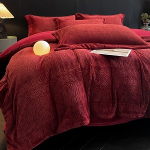 Factory Wholesale Custom Solid Color Duvet Cover Class a Soft Fluffy Carved Milk Velvet Red Four-Piece Bed Sheet Bedding Set