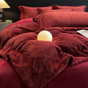 Factory Wholesale Custom Solid Color Duvet Cover Class a Soft Fluffy Carved Milk Velvet Red Four-Piece Bed Sheet Bedding Set