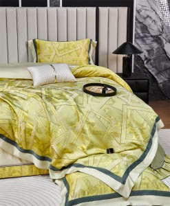 Hot-selling 4-pieces textile jacquard 2m/2.2m bedsheet flat sheets 1.8m quilt cover premium yellow 100% cotton bedding set manufacture