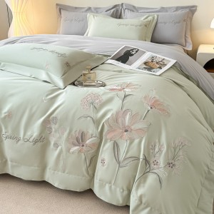 Elegant design full size embroidery adult pillowcases 100% cotton green comforter cover bedding set supplier