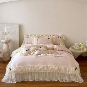 60S Pure Cotton French Style Lace Embroidery Duvet Cover Bed Sheets Pink 4PCS Bedding Set