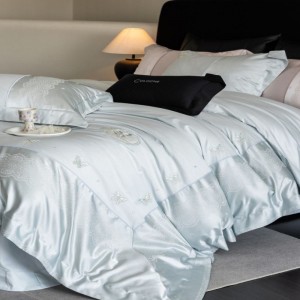 Cotton embroidery high-precision yarn-dyed jacquard blue duvet cover bed sheets four-piece bedding set