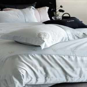 Cotton embroidery high-precision yarn-dyed jacquard blue duvet cover bed sheets four-piece bedding set