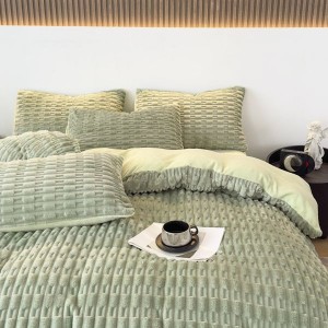 Winter bamboo pattern milk velvet quilt cover flannel warm four-piece bed sheets green bedding set