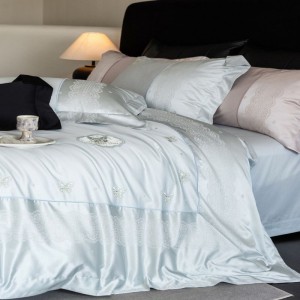 Cotton embroidery high-precision yarn-dyed jacquard blue duvet cover bed sheets four-piece bedding set