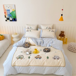 Cute high-end embroidery 4-pieces comforter cover 2m/2.2m blue bed flat sheets soft pillowcase cotton kids’ bedding set manufacture