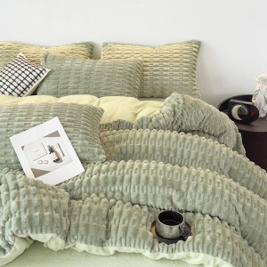 Winter bamboo pattern milk velvet quilt cover flannel warm four-piece bed sheets green bedding set