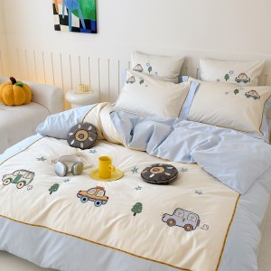 Cute high-end embroidery 4-pieces comforter cover 2m/2.2m blue bed flat sheets soft pillowcase cotton kids’ bedding set manufacture