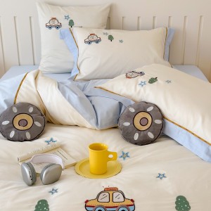 Cute high-end embroidery 4-pieces comforter cover 2m/2.2m blue bed flat sheets soft pillowcase cotton kids’ bedding set manufacture