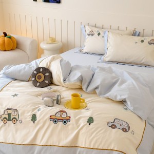 Cute high-end embroidery 4-pieces comforter cover 2m/2.2m blue bed flat sheets soft pillowcase cotton kids’ bedding set manufacture