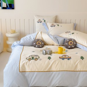 Cute high-end embroidery 4-pieces comforter cover 2m/2.2m blue bed flat sheets soft pillowcase cotton kids’ bedding set manufacture