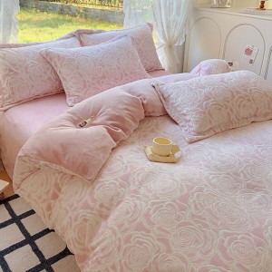 New short plush milk velvet three-dimensional carved pink four-piece bedding set winter home textile