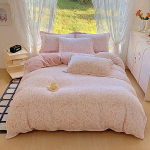 New short plush milk velvet three-dimensional carved pink four-piece bedding set winter home textile