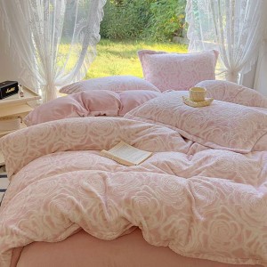 New short plush milk velvet three-dimensional carved pink four-piece bedding set winter home textile
