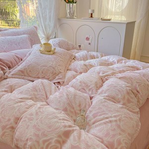New short plush milk velvet three-dimensional carved pink four-piece bedding set winter home textile