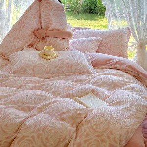 New short plush milk velvet three-dimensional carved pink four-piece bedding set winter home textile