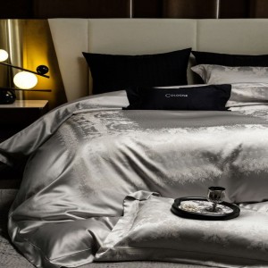 Silk cotton home textile bed quilt comforter duvet cover silver jacquard bed sheets luxury bedding set