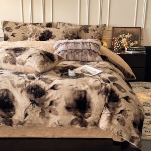 Hot selling brown yarn-dyed rabbit plush four-piece bedding set