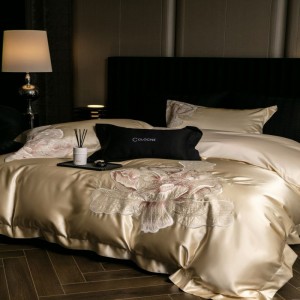 Luxury floral embroidery duvet cover soft bed sheets 100% Egyptian cotton gold bedding set