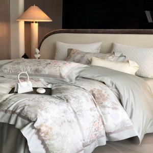 Grey floral digital printing comforter quilt duvet cover bed sheets 100S cotton light luxury bedding set