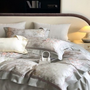 Grey floral digital printing comforter quilt duvet cover bed sheets 100S cotton light luxury bedding set