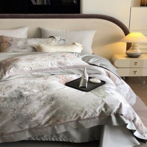 Grey floral digital printing comforter quilt duvet cover bed sheets 100S cotton light luxury bedding set