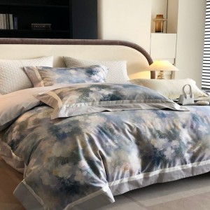 500TC long staple cotton bed sheets digital printing duvet cover blue bedding set