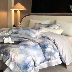 500TC long staple cotton bed sheets digital printing duvet cover blue bedding set
