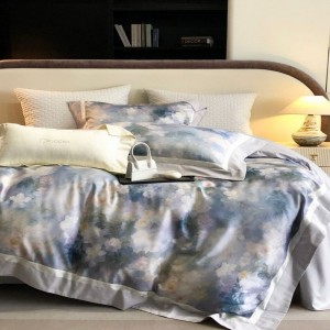500TC long staple cotton bed sheets digital printing duvet cover blue bedding set