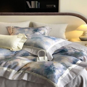 500TC long staple cotton bed sheets digital printing duvet cover blue bedding set