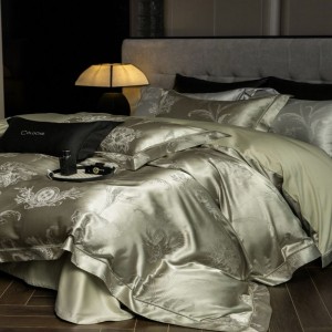 Light luxury jacquard comforter quilt duvet cover green satin bed sheets 100% cotton bedding set