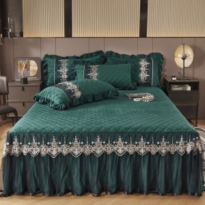 High-quality green embroidery lace fleece quilt cover warm pillowcase bed sheet bedskirt set wholesaler