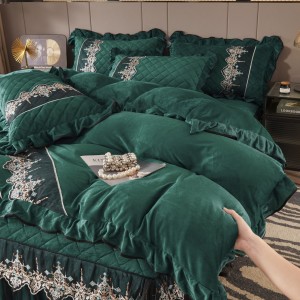 High-quality green embroidery lace fleece quilt cover warm pillowcase bed sheet bedskirt set wholesaler