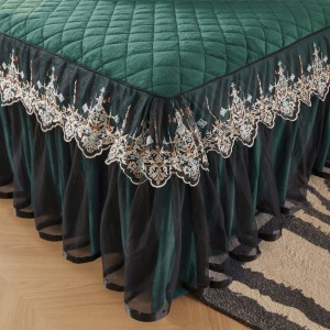 High-quality green embroidery lace fleece quilt cover warm pillowcase bed sheet bedskirt set wholesaler