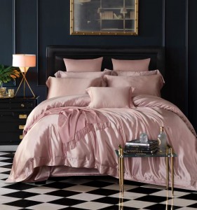 Luxury solid color home textile silk bed linen pink duvet quilt comforter cover bedding set wholesaler