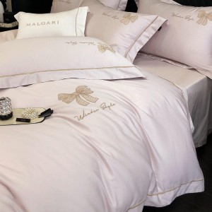 Hot-selling 4-pieces pink textile leaves embroidery 2m/2.2m bedsheet flat sheets 1.8m quilt cover cotton bedding set manufacture