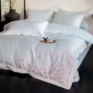 Light luxury senior satin cotton bed linen exquisite king size house blue embroidery comforter cover bedroom bedding set wholesaler