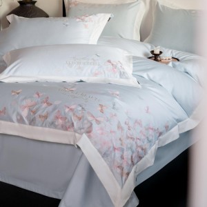 Light luxury senior satin cotton bed linen exquisite king size house blue embroidery comforter cover bedroom bedding set wholesaler
