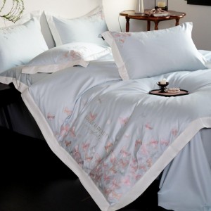Light luxury senior satin cotton bed linen exquisite king size house blue embroidery comforter cover bedroom bedding set wholesaler