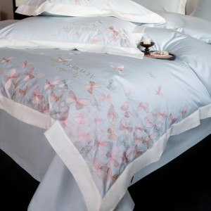Light luxury senior satin cotton bed linen exquisite king size house blue embroidery comforter cover bedroom bedding set wholesaler