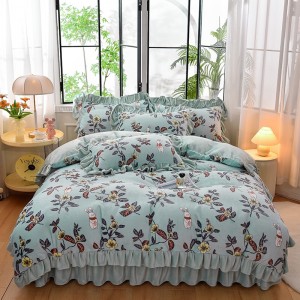 Hot selling winter green fleece bed linen 1.8m coverlets with 2 soft pillow shams fluffy duvet cover queen size bedding set supplier