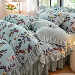 Hot selling winter green fleece bed linen 1.8m coverlets with 2 soft pillow shams fluffy duvet cover queen size bedding set supplier